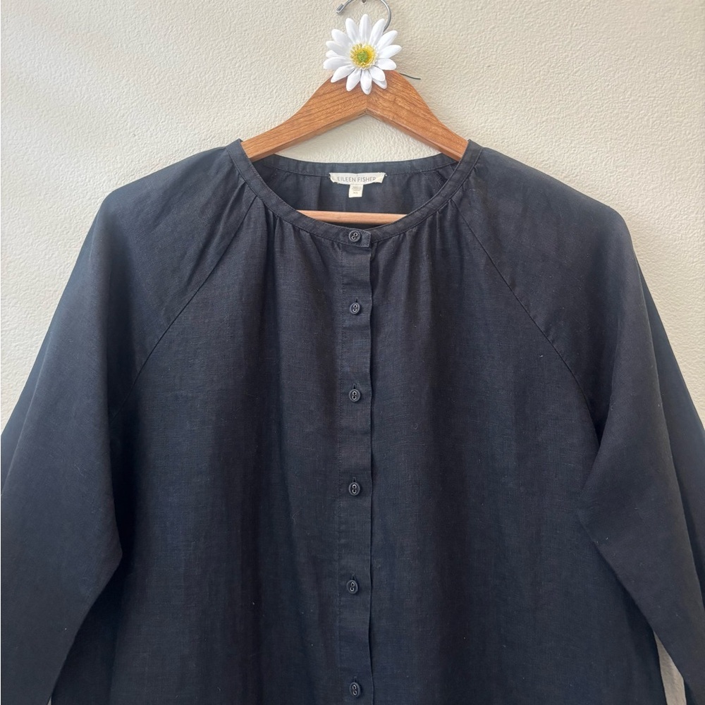 EILEEN FISHER Black Linen Button Up Tunic - Picture 2 of 7